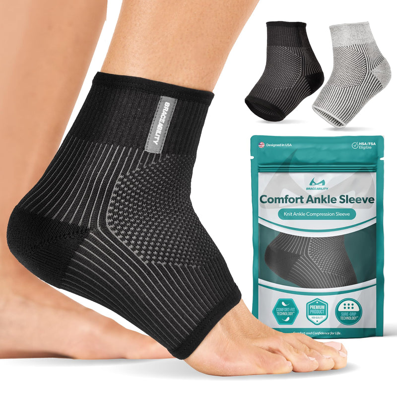 BraceAbility Ankle Compression Sleeve for Sprained Ankle - Achilles Tendonitis Support Sleeve for Swelling Relief, Arthritis, Plantar Fasciitis, Peroneal Foot Brace for Women and Men (Black - M/L) Black