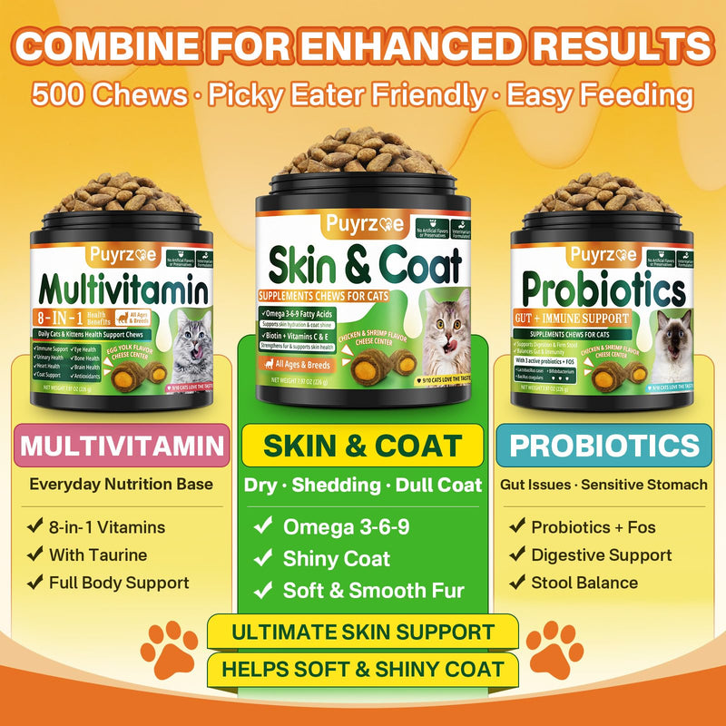 Puyrzoe Cat Skin and Coat Health - 500 Chews Crunchy & Creamy Cheese Core with Omega 3/6/9, Vitamins C & E, Biotin for Skin Hydration & Coat Shine Supplement for Cats Kittens - Chicken & Shrimp Flavor