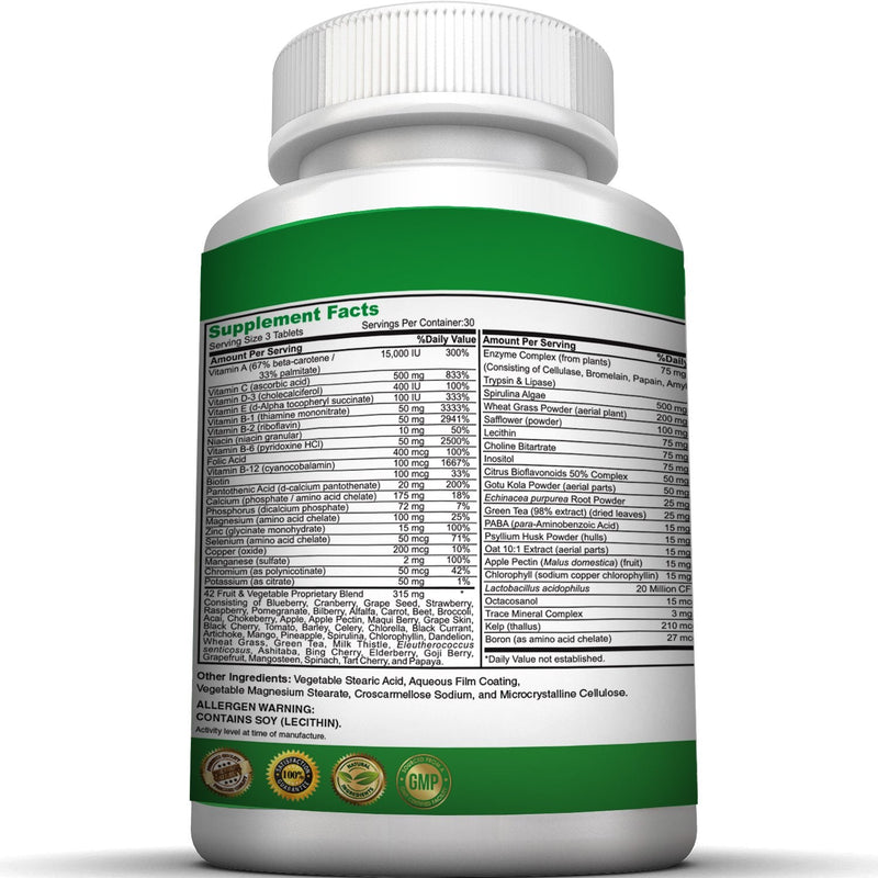 Pure Heathland Non-GMO Super Daily Multivitamin for Adults – 42 Natural Fruits & Vegetables Blend with 21 Essential Vitamins & Minerals – Vegan Coating Tablets, 90 Count, Made in USA 90 Count (Pack of 1)