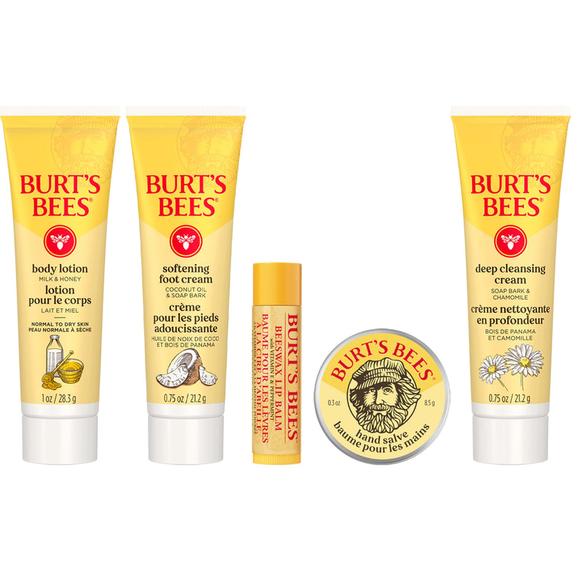 Burt's Bees Gift Ideas - Essentials Everyday Set, 5 Travel Size Products - Deep Cleansing Cream, Hand Salve, Body Lotion, Foot Cream and Original Lip Balm Everyday Essentials Set- New