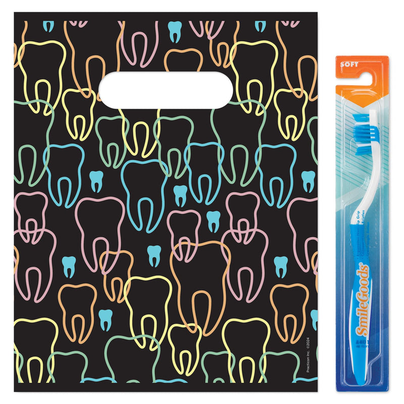 Practicon Neon Teeth 8" x 10" Dental Patient Bag, Dental Hygiene Patient Care Care Bag, Dentist Office Plastic Bags, 100 Pack 8" x 10"
