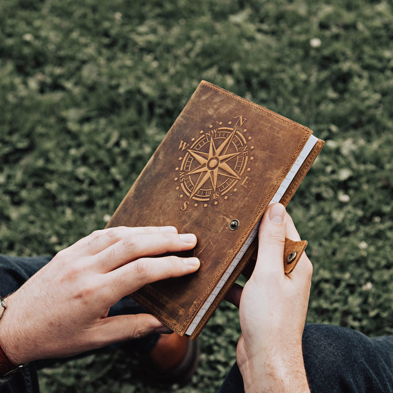 Travel Journal Series by Modest Goods - Refillable Leather Cover and A5 Notebook - Travel Accessories for Men & Women - Great for Traveler Adventure Journal, Vacation Scrapbook, Planner (Compass) Compass
