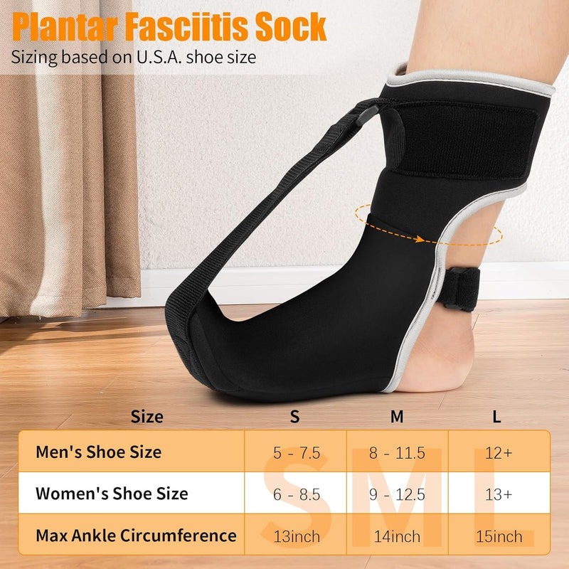 Plantar Fasciitis Night Splint Sock Upgraded Plantar Fasciitis Brace for Women Men with Arch Support for Achilles Tendonitis Foot Drop Heel Spur Pain Relief Black (Medium) Medium