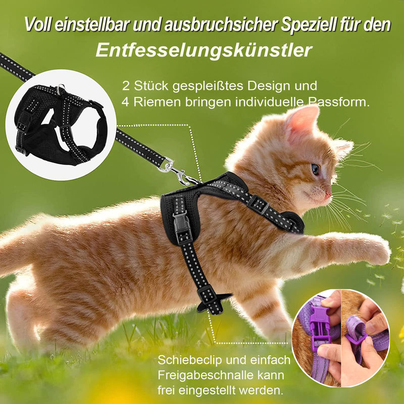 Supet Cat Harness and Leash Set Escape Proof Kitten Harness Adjustable Cat Vest Harness with Reflective Strips Universal Cat Leash and Harness for Cats/Puppies M M (Chest: 44.5-49.5 cm) Black - BeesActive Australia