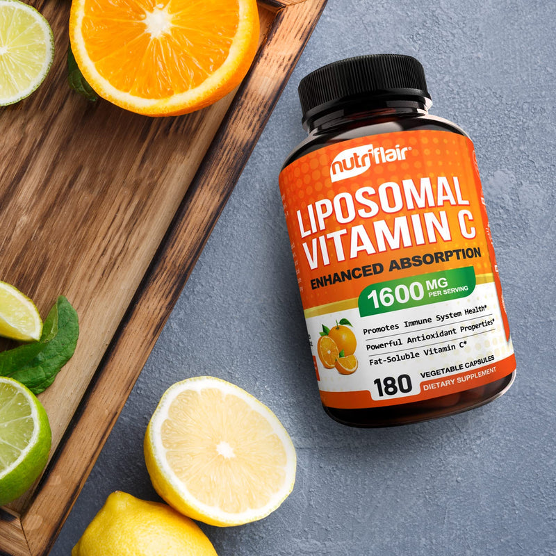 NutriFlair Liposomal Vitamin C 1600mg, 180 Capsules - High Absorption, Fat Soluble VIT C, Antioxidant Supplement, Higher Bioavailability Immune System Support & Collagen Booster, Non-GMO, Vegan Pills 180 Count (Pack of 1) - BeesActive Australia
