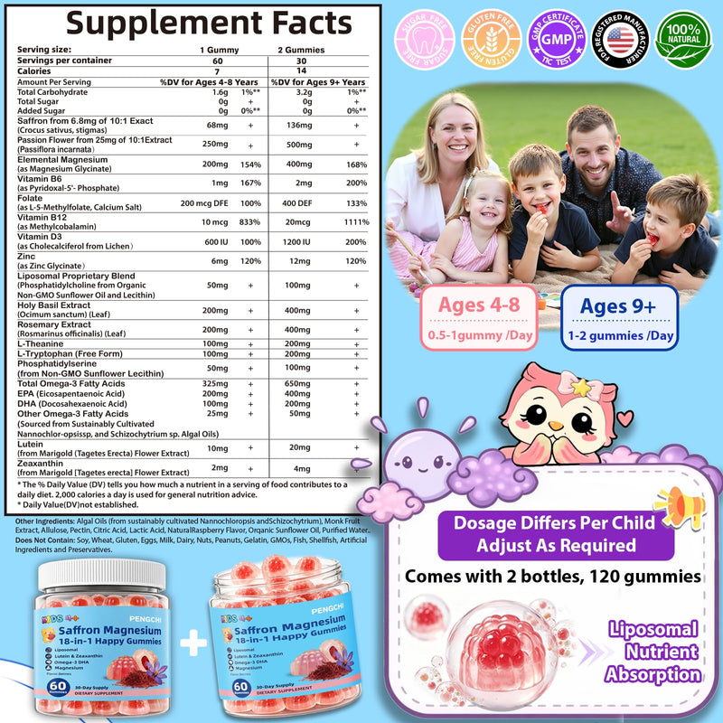 2 Pack, Saffron Gummies for Kids with Magnesium Glycinate Omega-3 L-Theanine Holy Basil Rosemary Vitamin B6 D3 for Happy Moods, Calm Focus, Cognition, Natural SIeep, Non-GMO, Sugar Free