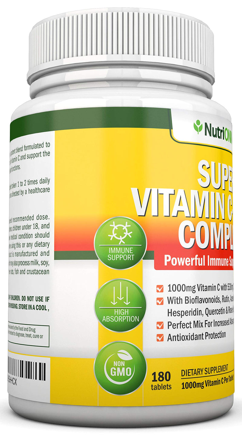 Super Vitamin C Complex - 1695Mg - 180 Tablets - With 530 mg Natural Citrus Bioflavonoids, Rose Hips, Rutin, Quercetin & Hesperidin For Increased Absorption - Advanced Immune Support - Non-GMO