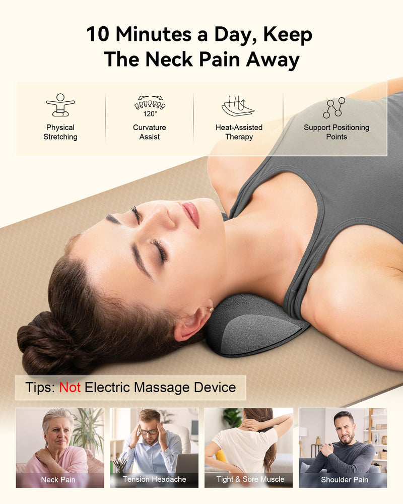 Heated Neck Stretcher for Pain Relief - Neck and Shoulder Relaxer Graphene Heated Cervical Traction Device Neck Pillow Corrector Chiropractic for TMJ Pain Relief and Cervical Spine Alignment Grey