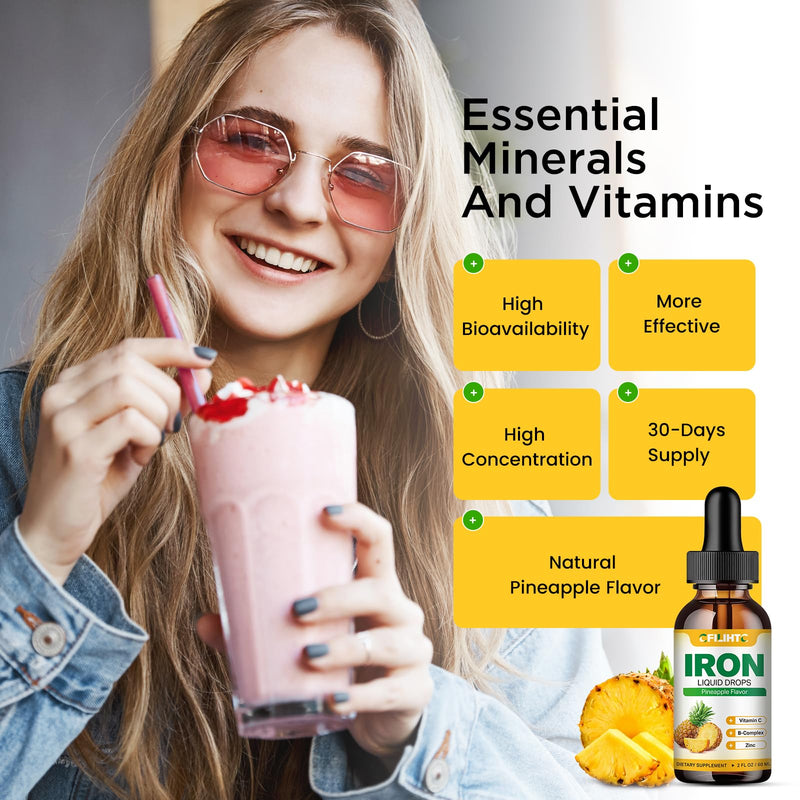 Liquid Iron Supplement for Women Men & Kids Multivitamin Iron Drops with Folate, Vitamin C, B6, B12, Zinc for Anemia, Iron Deficiency, Blood Builder, Energy - Natural Pineapple Flavor, Vegan 2 Fl Oz 2 Fl Oz (Pack of 1)