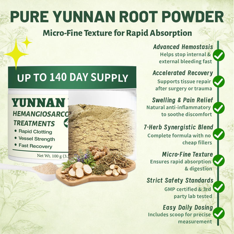 Yun nan Powder for Dogs – Natural Herbal Quick Stop Bleeding for Hemangiosarcoma, Hemoabdomen, Pericardial Effusion, Cancer Bleeding, Severe Bruising, Ulcer-Related Bleeding, Bloody Stools– 100g