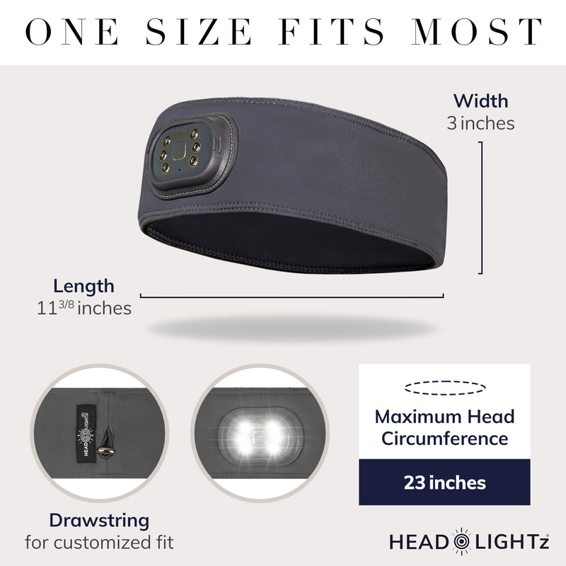 HEAD LIGHTZ by Roq Innovation - Flashlight Adjustable Padded Headband with Light - LED Headlamp - Headband Lights for Forehead - Unisex, Rechargeable, Gray