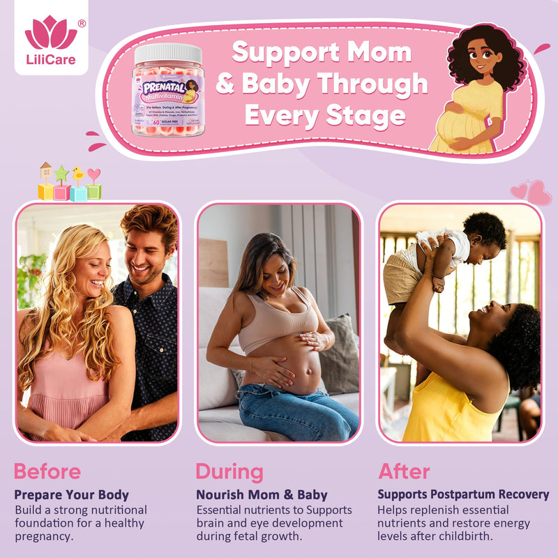 Prenatal Vitamins for Women, Prenatal Multivitamin Gummies + Methylfolate, Iron, Omega-3, Choline, Ginger, Probiotic, Vitamin A C D3 B6 B12 for Before, During & After Pregnancy, NO Sugar, Vegan, 60Cts
