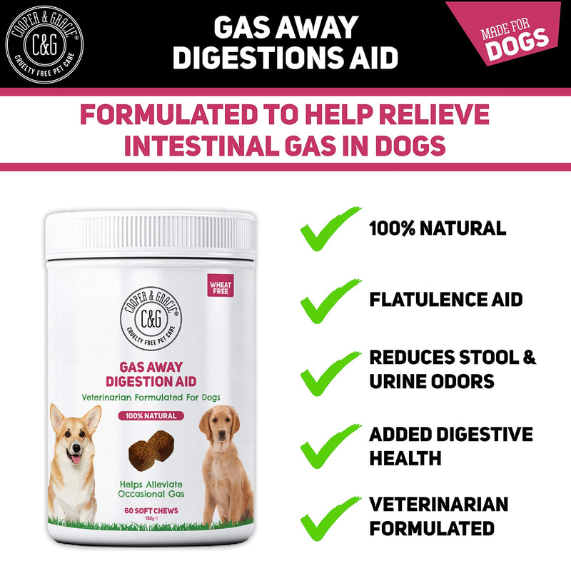 C&G Pets Gas Away Digestion Aid 60 Soft Chews, Gas & Flatulence Supplement Aid for Dogs, Relieve Gas and Bloating Discomfort, Reduces Stool and Urine Odors, Veterinarian Formulated