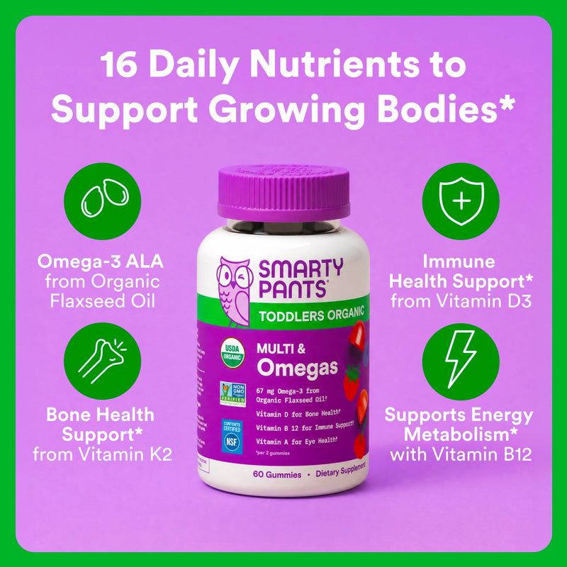 SmartyPants Toddler Organic Multi & Omegas Multivitamin Gummies with Omega 3 ALA, Vitamins D3, C, B12, B6, A, K, Zinc, Biotin, Clean Label, Mixed Berry and Cherry Flavors, 60 Gummies (30 Day Supply) 60 Count (Pack of 1) Organic + Omega