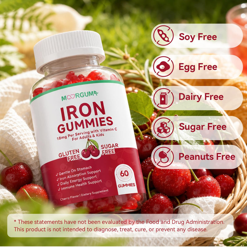 Iron Gummies with Vitamin C, High Absorption 18mg Iron Supplements for Adults & Kids, Blood Builder & Energy Support for Women and Men, Gentle on Stomach, Cherry Flavor, 60 Count