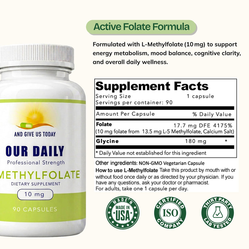 Our Daily Vites L-Methylfolate 10 mg Maximum Strength Active Folate, 5-MTHF, Filler Free, Gluten Free, Non-GMO, Vegetarian Capsules 90 Count (3 Month Supply) (90)