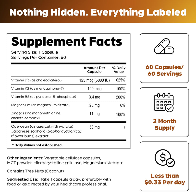Vitamin D3 K2 5000 IU 120mcg Magnesium Zinc B6 Quercetin Capsules 60 Count | 6-in-1 D3+K2 Supplements Supports Bone, Immune, Energy And Muscle Health, Gluten-Free, 2-Month Supply, USA Made by Sandhu's 60 Count (Pack of 1) 5000 IU Capsules