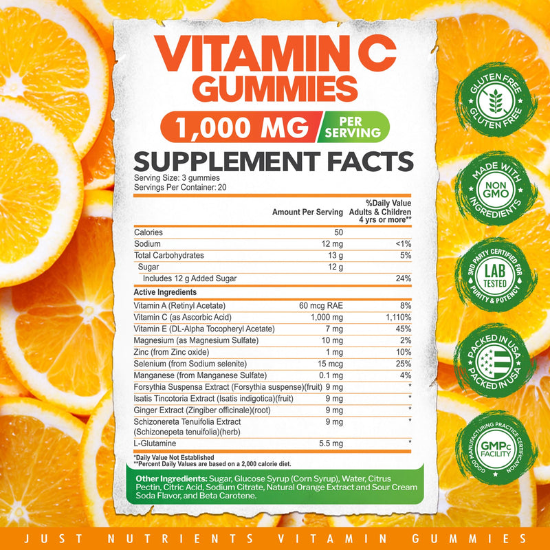 Vitamin C 1000mg Gummies for Adults & Kids – Multivitamin with Zinc & Herbal Extracts for Immune & Collagen Support for Skin – Orange Flavor – Gluten Free, Non-GMO, Vegetarian – 60 Gummies 60 Count (Pack of 1) - BeesActive Australia