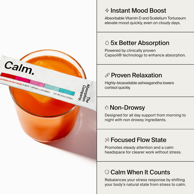 The Absorption Company Calm Powder - Magnesium Drink Mix Packets - 7PK | Vitamin-D,Cortisol Regulation for Men & Women, Mood Support with Ashwagandha & L-Theanine for Relaxation,Watermelon Lemonade 1 Ounce (Pack of 7)