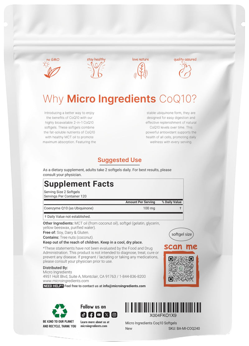 Micro Ingredients CoQ10 100mg Per Serving | 240 Softgels Made with Coconut MCT Oil | High Absorption Coenzyme Q10 as Ubiquinone | Antioxidant Support for Heart & Energy Health | Non-GMO - BeesActive Australia