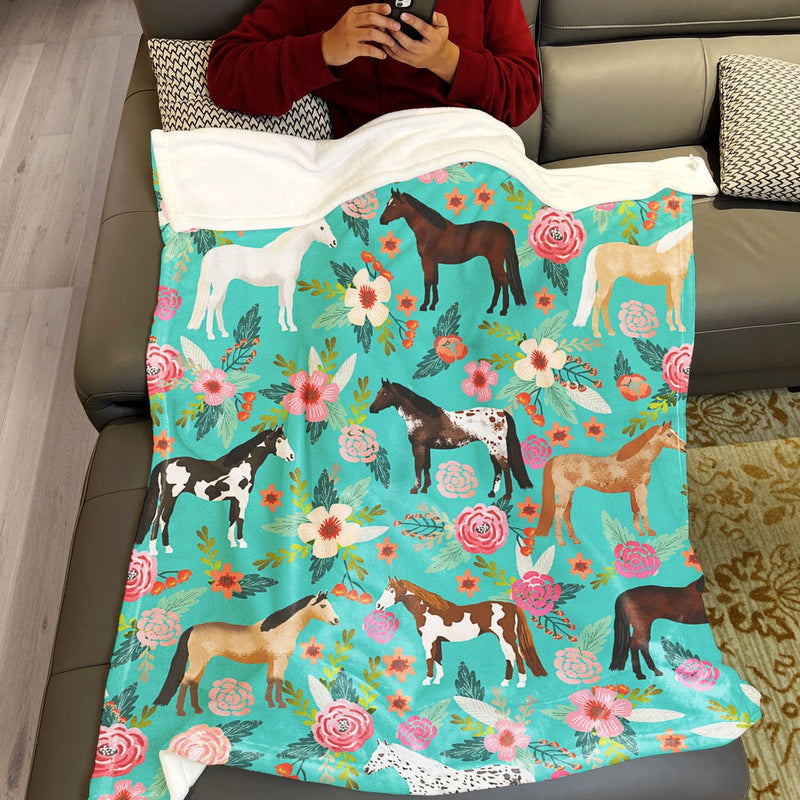 Flower Horse Throw Blanket Horse Green with Flowers Fleece Blanket Soft Warm Cozy for Sofa Couch Bed 50"x60" 50"x60" Flower Horse - BeesActive Australia