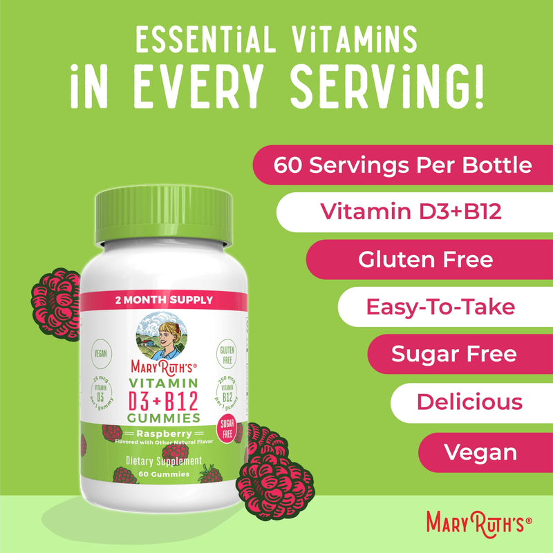 MARYRUTH'S Organics Sugar Free | 2 Month Supply | Vitamin D & B12 Vitamin Supplements for Adults & Kids | Bone Health | Immune Support | Vegan | Non-GMO | 60 Servings (Pack of 2) 60 Count (Pack of 2)