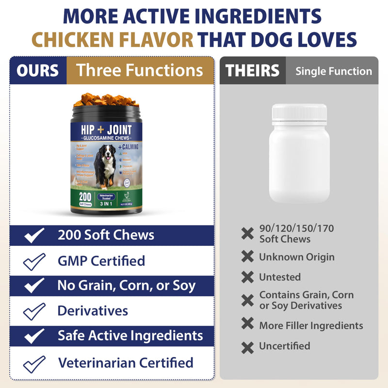 Hip and Joint Supplement for Dogs 200 Dog Calming Chews with Glucosamine, Chondroitin, Msm, Omega3, Melatonin for Senior Dogs Anxiety Pain Relief Anti Inflammatory Small/Medium/Large Dog -Chicken