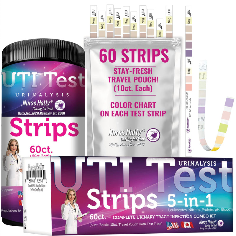 Nurse Hatty - 5in1 60ct. UTI Test Strips KIT - Urinary Tract Infection Test Strips - Easy to Read Color Chart on Strip - Urinalysis Test to Analyze Leukocytes, Nitrite, pH, Protein, and Blood