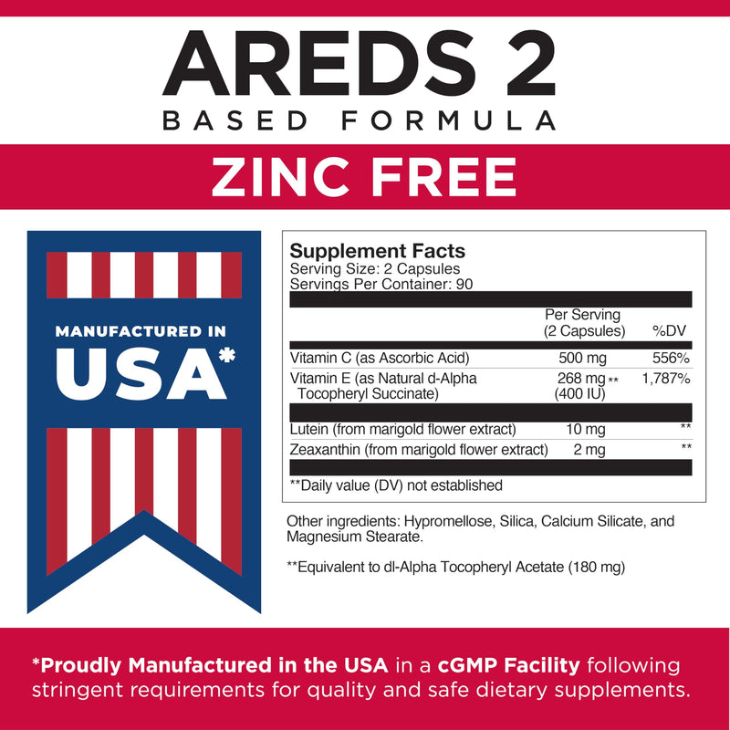 Viteyes AREDS 2 Zinc Free Macular Support, Natural Allergen Free Capsules with Vitamin E, Vitamin C, Lutein & Zeaxanthin, No Zinc, No Copper, Eye Doctor Trusted, Manufactured in the USA, 60 Ct 60 Count (Pack of 1)