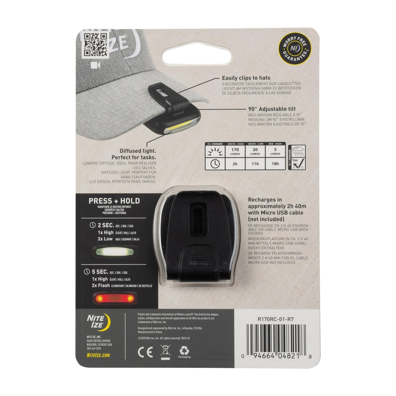Nite Ize Radiant 170 Rechargeable Clip Light - Rechargeable Headlight for Hiking, Camping & More - Adjustable Headlamp for Hats & Straps - 170 Lumen Light - Black