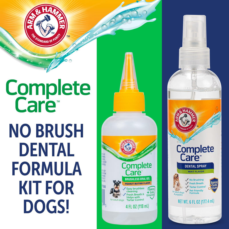 Arm & Hammer Complete Care Brushless Dental Kit for Dogs – Includes No-Brush Oral Gel + Dog Dental Spray, Fresh Breath, Tartar Control, Baking Soda Enhanced Dental Dog Supplies, 4 Fl Oz Each Dental Kit - Peanut Butter & Mint 4 Fl Oz (Pack of 2)