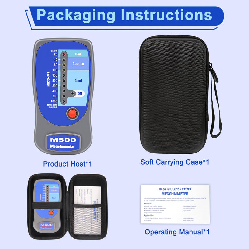 Insulation Tester Megohmmeter, 1000 Megohms at 500V, Compatible with Supco M500, Professional HVAC Tool for Compressor & Motor Windings, LED Zone Scale Indicator, Impact Resistant with Soft Case