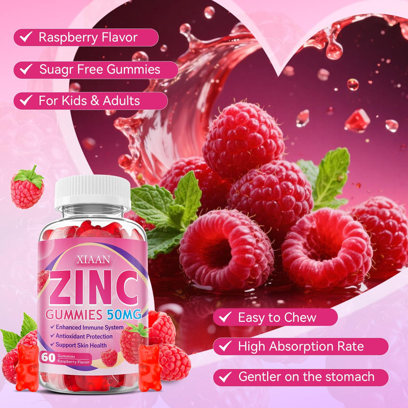 Zinc Picolinate Gummies 50mg for Kids & Adults, Chewable Zinc Supplements for Women & Men Supports Immune System & Cellular Health & Antioxidant, Vegan/Sugar-Free, Raspberry Flavor 60 Count 60 Count (Pack of 1)