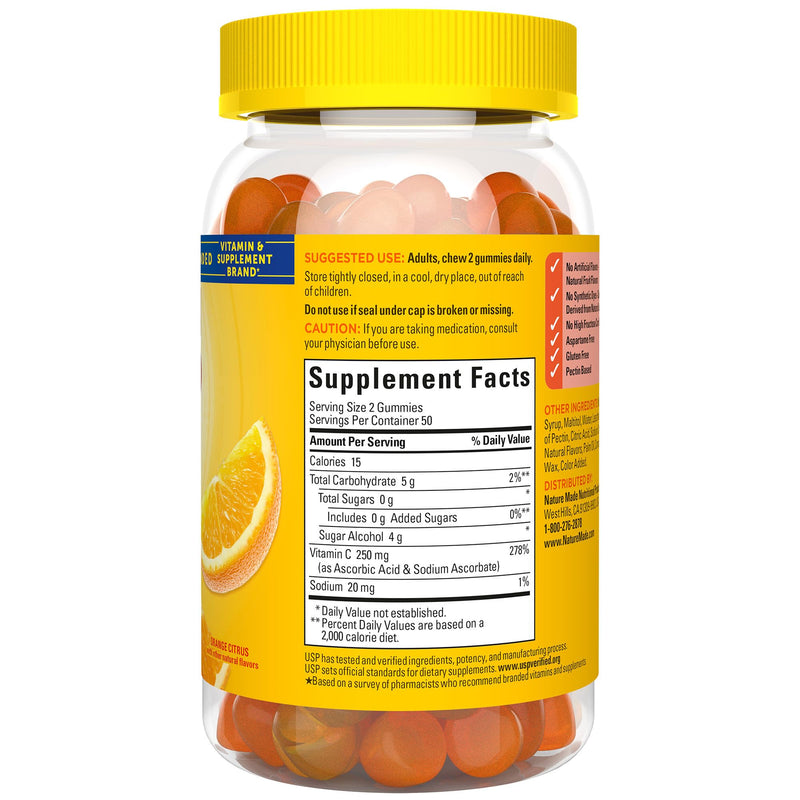 Nature Made Zero Sugar Vitamin C Gummies 250 mg per Serving, Immune & Antioxidant Support, 100 Sugar Free Gummies, 50 Day Supply - BeesActive Australia