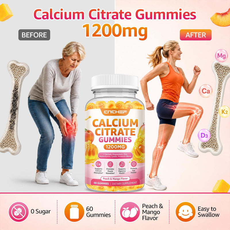 Calcium Gummies 1200mg, Calcium Supplements for Women with Vitamin D3, K2, Magnesium, Zinc High Absorption for Bone Muscle & Immune Support, Sugar Free, Vegan, Peach & Mango Flavor 60 Count (Pack of 1)