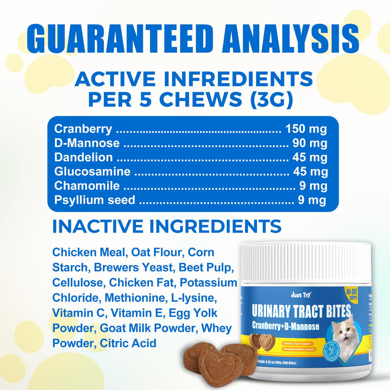 Just Try 300 Bites 6.35 oz Urinary Tract Bites for Cats - Cranberry & D Mannose Formula for Bladder Health - Prevent UTI & Promote Urinary Comfort - Grain Free, Natural Ingredients Cat Supplements Urinary Health
