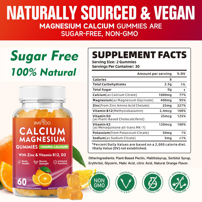Calcium Gummies 1000mg with Vitamin D3 K2 & B Complex, Potassium, Calcium Magnesium Zinc Gummies for Bone, Muscle, Mood and Immunity - Orange Flavor 60 Gummies 1 Pack