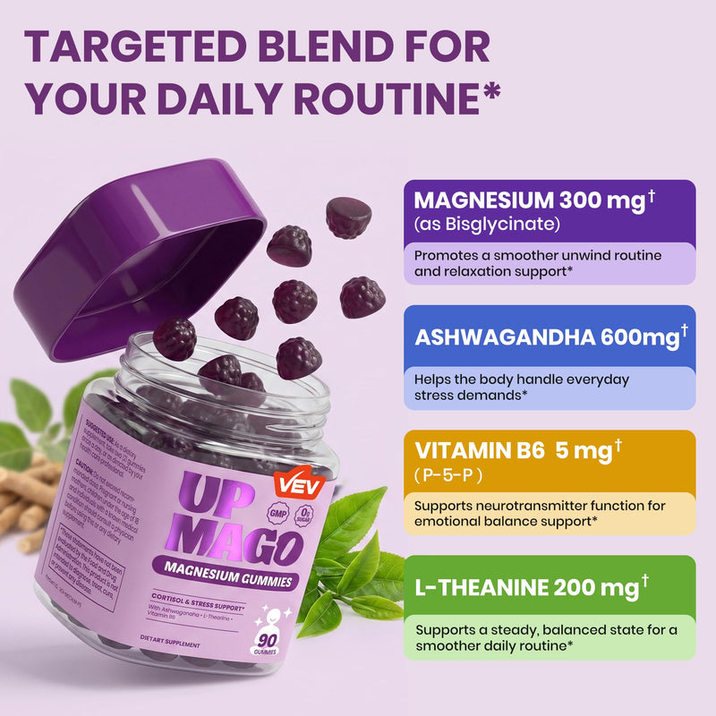 VEV UPMAGO Bisglycinate Magnesium Gummies, 90 Count | 4-in-1 Formula with Ashwagandha, L-Theanine & Vitamin B6, No Added Sugar, Vegan