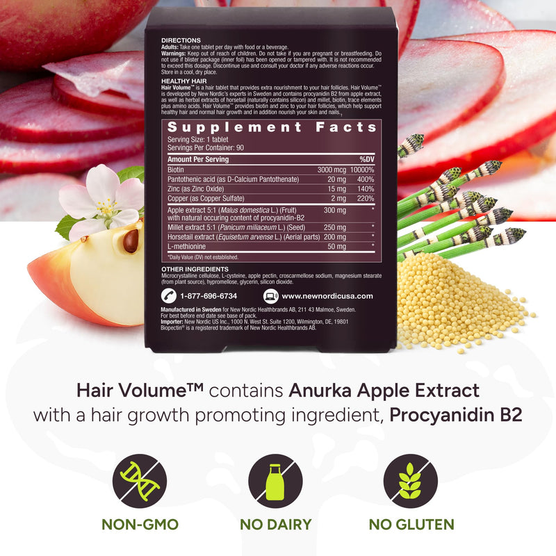 NEW NORDIC Hair Volume Daily Biotin Support Supplement | 90 Tablets | Daily hair supplement tablets made with biotin and Annurka apple extract for simple incorporation into your daily routine 90 Count (Pack of 1)