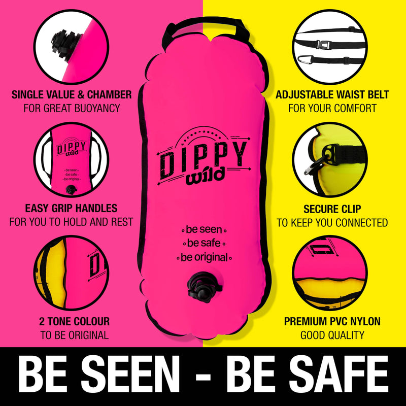 Wild Swim Buoy for Open Water Swimmers | Waterproof Tow Float Swim Bubble for Adults | Triathlon Buoy Float | Swimmer Gear | Wild Swimming Accessories Pink/Yellow