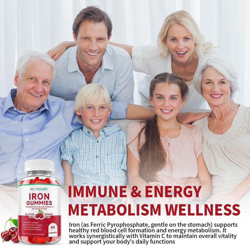 Iron Gummies with Vitamin C, High Absorption 18mg Iron Supplements for Adults & Kids, Blood Builder & Energy Support for Women and Men, Gentle on Stomach, Cherry Flavor, 60 Count