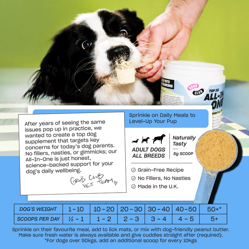 Grub Club Top-Dog All In One Dog Food Topper (300g - Up To 2 Months Supply) - Dog Health Supplement Topper With Glucosamine, Prebiotic Fibre, Probiotics For Dogs, Omega 3 & Vitamins - Made In The UK