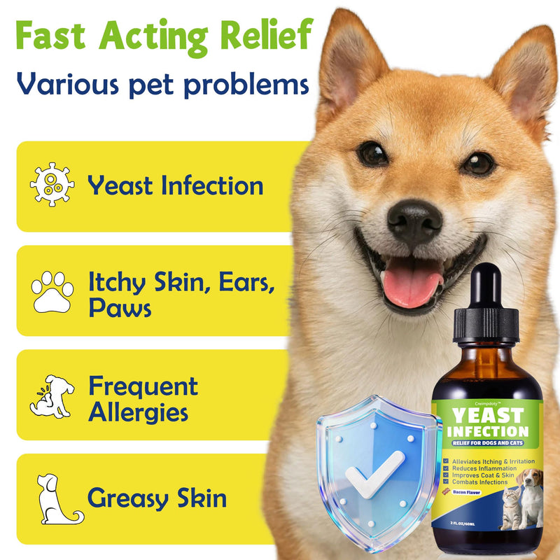 Natural Yeast Relief for Dogs and Cats, Skin & Ear Soothing Drops, Itchy Skin & Ear Allergy Support, Reduces Itching, Irritation & Inflammation, Bacon Flavor, 2 FL OZ