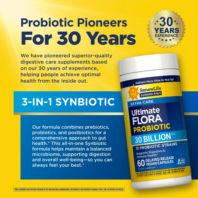 RenewLife Extra Care Ultimate FLORA Probiotic, 60 capsules | 60 Vegetarian Capsules | Supports Digestive, Immune & Respiratory Health | Dairy, Soy and Gluten-Free Supplement 30 Billion CFU 60 Count (Pack of 1)
