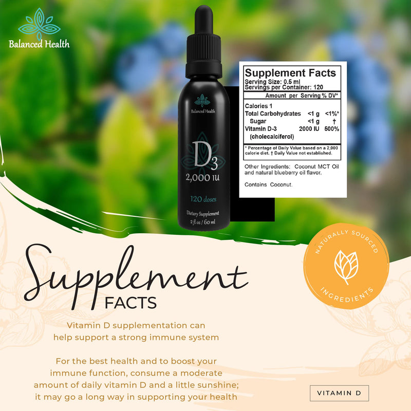 Balance Health D3 2,000 IU, 2 Fl Oz, 120 Doses, Blueberry Flavor, Liquid Vitamin D Drops w MCT Oil for Faster Absorption, Non GMO Vegetarian Safe 2 Fl Oz (Pack of 1)