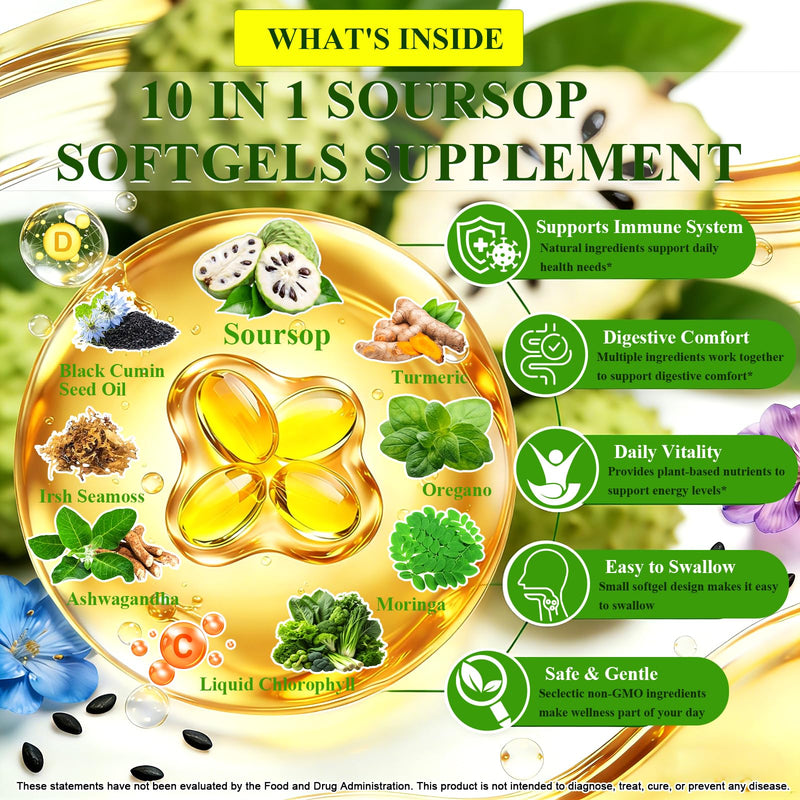 Soursop Supplement Softgels with Soursop Leaf, Fruit & Black Seed, 10-in-1 | Extra Strength Sour Sop Herbal Formula w. Irish Sea Moss & Moringa for Immune & Antioxidant Support, Vegan, Non-GMO, 120Count