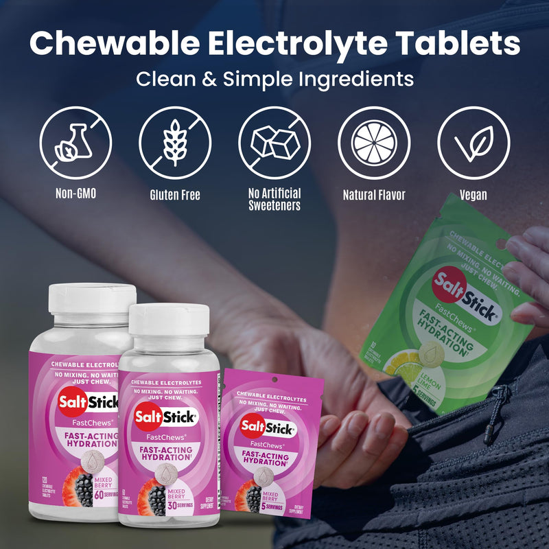 SaltStick Electrolyte FastChews - 60 Mixed Berry Chewable Electrolytes - Salt Tablets for Running and Hydration, Electrolyte Chews - 60 Count 60 Count (Pack of 1)