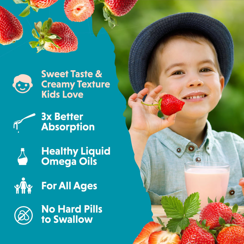 Barlean's Straw-Nana Omega Pals Kids Omega-3, 1483mg ALA, 8oz, 2-Pack | Plant-based kids omega-3, 1,483mg ALA, Fish-free, Non-GMO, Gluten-free, Vegan, Kid-friendly liquid, Brain & eye Sensational Straw-Nana 8 Fl Oz (Pack of 2)