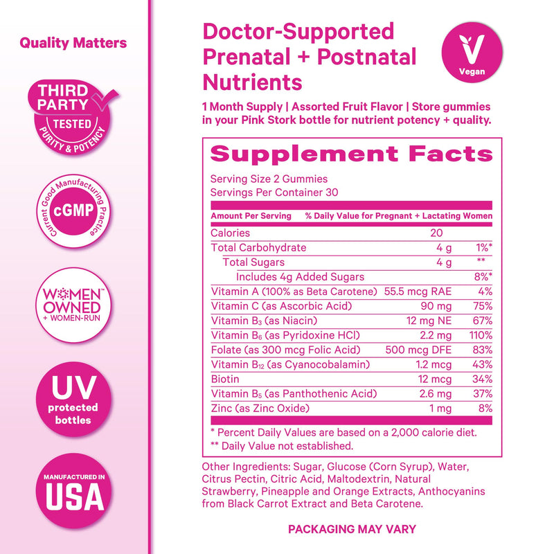 Pink Stork Fertility + Prenatal + Postnatal Gummy Vitamins, 60 Count | Full Motherhood Journey Support, Folate, B Vitamins, Zinc & Biotin, Postpartum Essentials, Assorted Fruit
