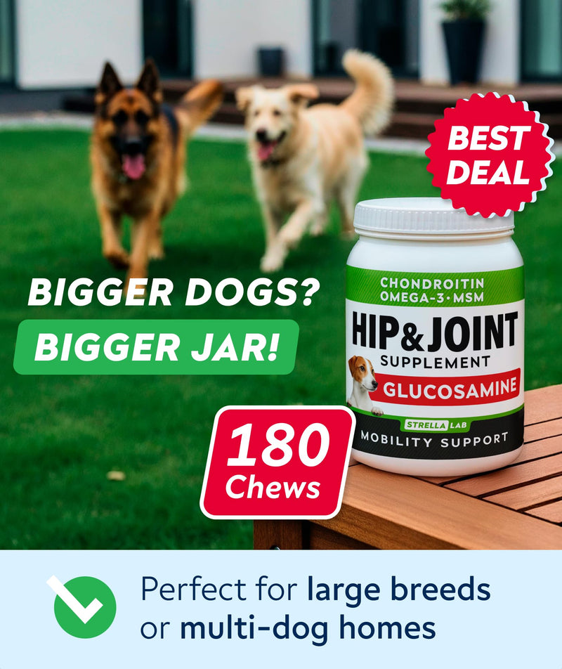 Glucosamine Treats for Dogs - Hip & Joint Supplement w/Omega-3 Fish Oil - Chondroitin, MSM - Advanced Mobility Chews - Joint Pain Relief - Hip & Joint Care - Bacon Flavor - 180 Ct - Made in USA 180Ct (Bacon)